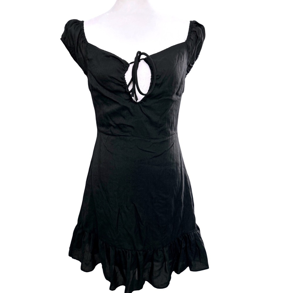 Windsor Black Keyhole Tie Smocked Back Ruffle Cottagecore‎ Mini Dress Medium NWT